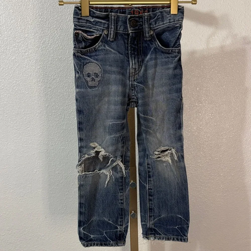 GAP Men's Blue Distressed Jeans with Skull Patch